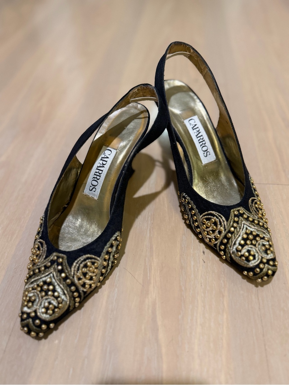 Caparros Black Slingback Heels with Gold Beaded Embellishment